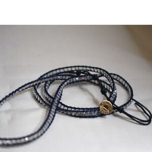 NIP Victoria Emerson Blue Leather Cord Faceted Crystals 32" Wrap Trendy Bracelet
